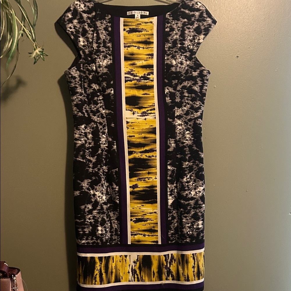 Maggy London Black, Yellow, and Purple Midi Dress